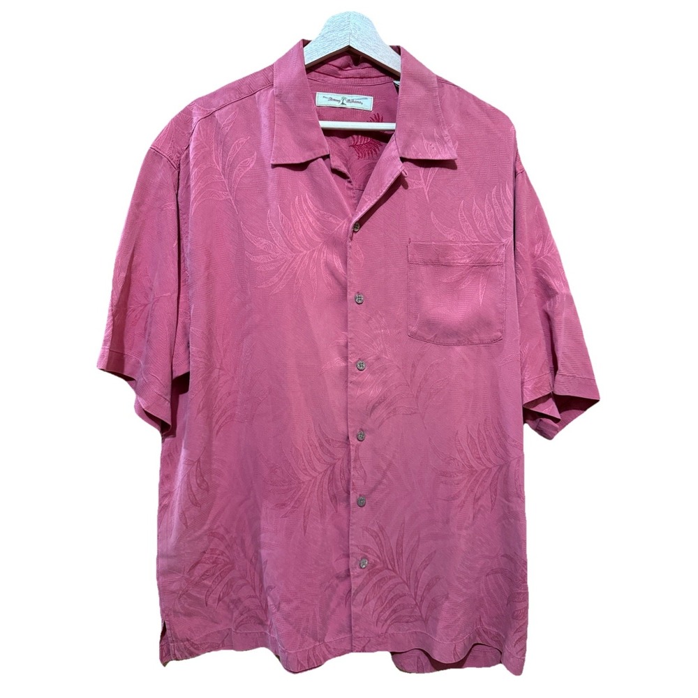 Tommy Bahama 100% Silk Palm Leaves‎ Dusty Rose Button Up Shirt Size XL EUC